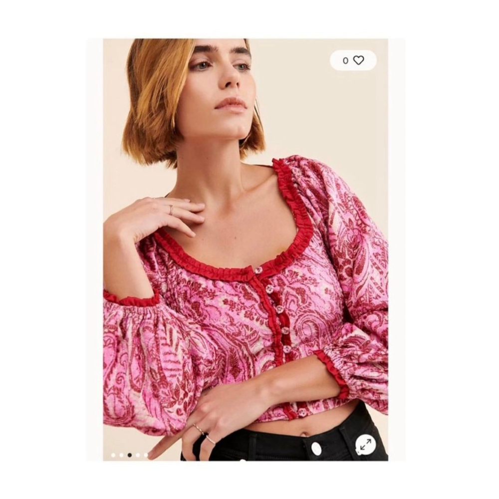 Free People Pink Red Paisley Long Sleeve Crop sz S festival Renaissance blouse - Picture 10 of 13